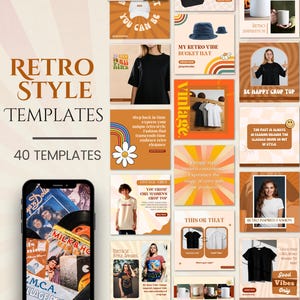 May include: A collection of 40 retro-style social media templates for Canva. The templates feature various designs with vintage colours and fonts, including a bucket hat, a crop top, and a vintage-inspired fashion illustration.