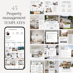 May include: A collage of 45 Instagram post templates for property management businesses. The templates feature images of houses, apartments, and people, as well as text about property management services. The text includes phrases like "Essential Maintenance Tasks", "Key Property Types We Manage", "How You Make Property Management?", "Tired of Managing Your Property on Your Own?", "How to Improve Tenant Communication", "The Top Questions Have Asked in a Consultation", and "Top 5 Tips for Finding Quality Tenants".