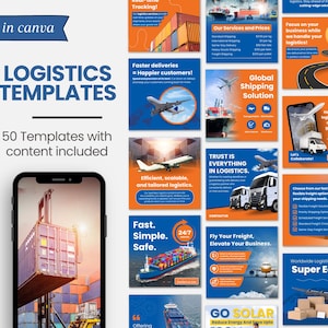 Op de afbeelding: Een verzameling van 50 kleurrijke social media-sjablonen voor logistieke bedrijven. De sjablonen bevatten afbeeldingen van vrachtwagens, vliegtuigen, vrachtschepen en containers. De tekst op de sjablonen bevat zinnen als "Snellere leveringen = Tevredener klanten!" en "Vertrouwen is alles in logistiek."