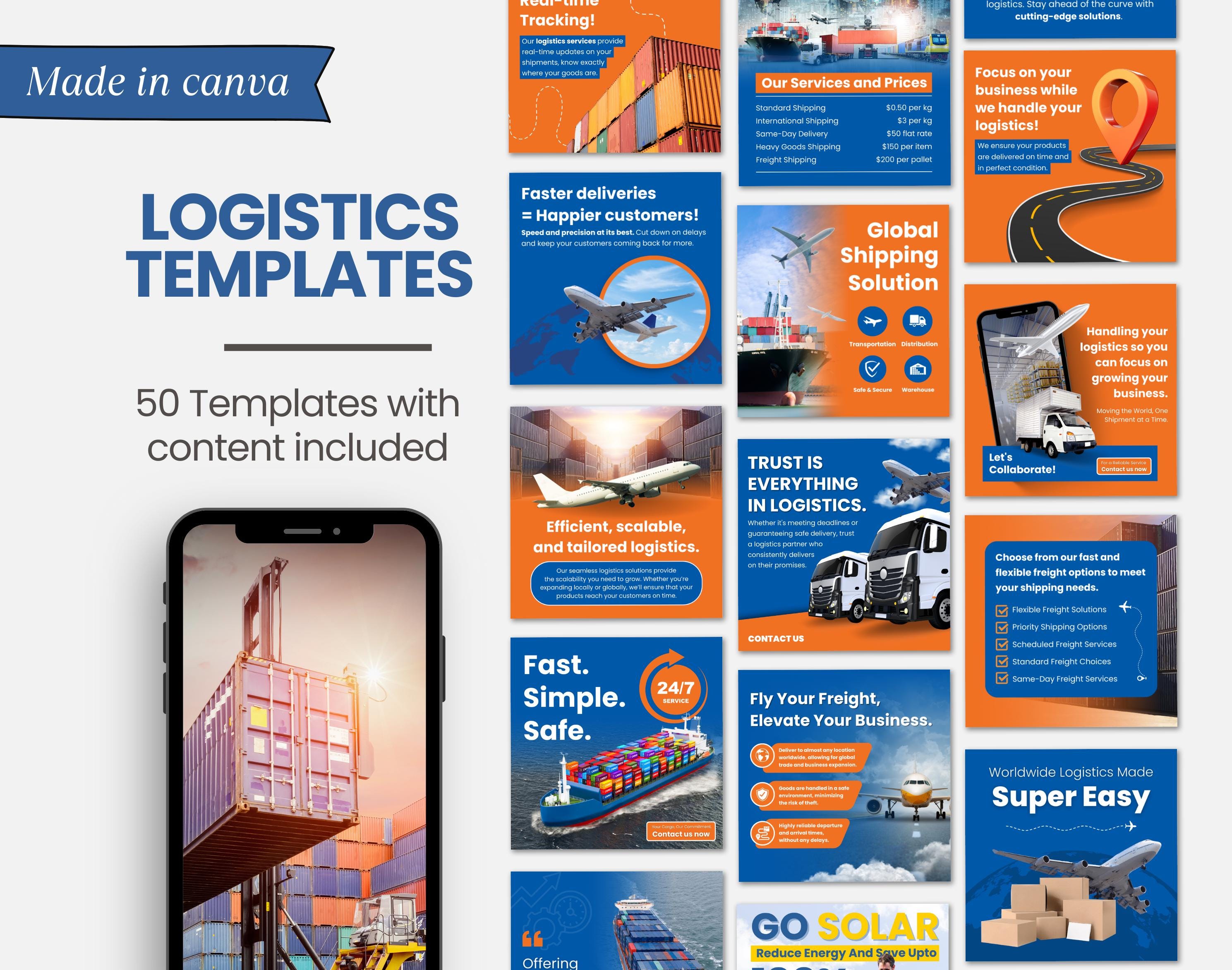 Logistics trucks shipping dispatch transportation cargo supplies frieght delivery management CANVA Instagram Facebook social media templat