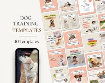 May include: A collection of 40 social media templates for dog training businesses. The templates feature images of dogs, text overlays, and a variety of colors and designs. The text on the templates includes phrases like "Train with Love, not Fear", "Dog Training Command List", and "Fun Training Games".