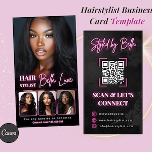 May include: A black and white business card with pink text. The text reads "Styled by Bella" and includes a QR code with the text "SCAN & LET'S CONNECT". The card also includes contact information for the business, including a website and email address.