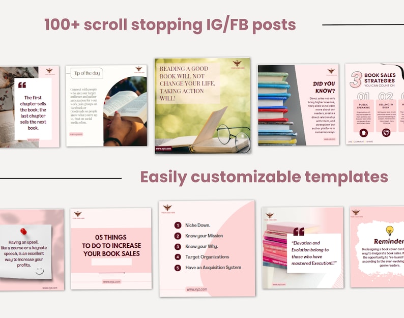 Author and Book Writer CANVA Editable Instagram and Facebook social media marketing minimalistic posts templates for small businessess