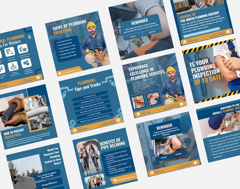 Plumbing Service Canva Instagram Post Templates, Plumbing company Business Templates, Plumber Social media template, Plumber Marketing