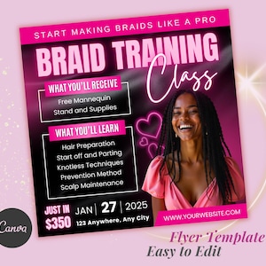 Braiding Workshop class Flyer, DIY Hair Styling Flyer, Hair Braiding Training Editable Canva Template, Social Media Beauty Boutique Design