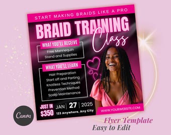 Braiding Workshop class Flyer, DIY Hair Styling Flyer, Hair Braiding Training Editable Canva Template, Social Media Beauty Boutique Design