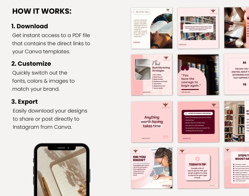 Author and Book Writer CANVA Editable Instagram and Facebook social media marketing minimalistic posts templates for small businessess