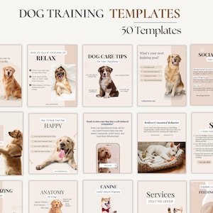 Op de afbeelding: Een verzameling van 50 hondentrainingssjablonen met een lichtbeige kleurenpalet, verschillende hondenrassen en instructieve tekst zoals Dog Training Templates, Dog Care Tips, Socializing Your Puppy en Building Bonds Through Training.