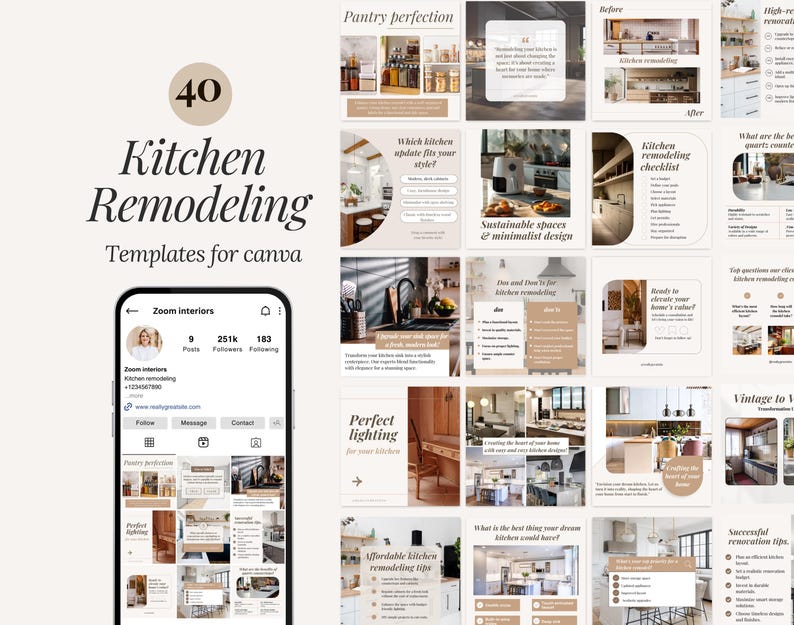 Kitchen remodeling renovation redo redesign makeover interior designer social media instagram canva minimalistic post templates