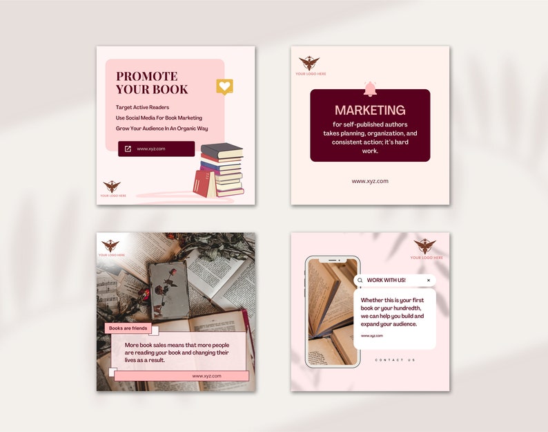 Author and Book Writer CANVA Editable Instagram and Facebook social media marketing minimalistic posts templates for small businessess