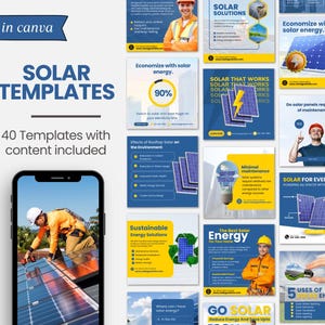 Könnte beinhalten: Eine Collage aus 40 Solar-Energie-Vorlagen mit enthaltenem Inhalt. Die Vorlagen zeigen Bilder von Solarpaneelen, Menschen, die an Solarpaneelen arbeiten, und Text über die Vorteile von Solarenergie. Der Text enthält Sätze wie "Sparen Sie mit Solarenergie", "Solar, das funktioniert", "Minimale Wartung" und "Solar für alle".