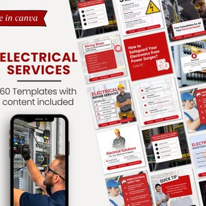 以下が含まれることがあります： 電気サービスを宣伝する画像で、電気技師が作業している様子を携帯電話で表示しています。画像には、「電気サービス」や「60個のコンテンツ付きテンプレート」などのテキストを含む赤と白のグラフィックが含まれています。