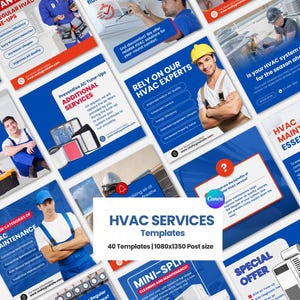 May include: A collection of square digital templates for HVAC services featuring blue and white color schemes, text overlays, and illustrations of technicians in work uniforms, air filters, and air conditioning units for social media marketing.