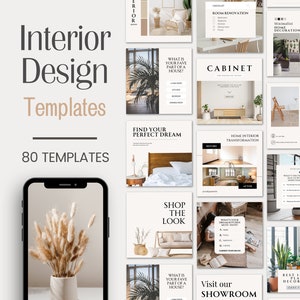 Pode incluir: Uma coleção de 80 modelos de mídia social para empresas de design de interiores. Os modelos apresentam uma variedade de imagens, incluindo plantas, móveis e quartos. Os modelos são projetados para ajudar as empresas a promover seus serviços e se conectar com seus clientes.
