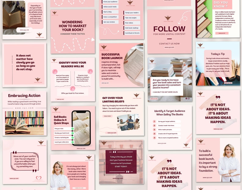 Author and Book Writer CANVA Editable Instagram and Facebook social media marketing minimalistic posts templates for small businessess