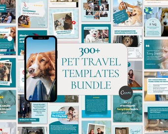 Könnte beinhalten: Eine Collage aus Bildern mit Hunden und Katzen in einem Teal- und Weiß-Farbschema. Der Text "300+ Haustier-Reisevorlagen-Paket" ist in einer großen, fetten Schrift. Die Bilder zeigen Haustiere auf Reisen, darunter einen Hund im Auto, eine Katze in einer Transportbox und einen Hund an der Leine. Der Text "Canva" ist ebenfalls auf dem Bild zu sehen.