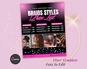 Lista de precios de trenzas para el cabello, guía de precios de estilos de trenzas, plantilla de hoja de precios para bricolaje, lista de precios de salones de belleza, lista de precios de pestañas prefabricadas para uñas y cabello