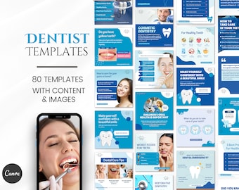 May include: A collection of 80 social media templates for dentists, featuring blue and white color scheme with images of teeth, dental care tips, and smiling people. The text "DENTIST TEMPLATES" is at the top of the image. The text "80 TEMPLATES WITH CONTENT & IMAGES" is in the middle of the image.