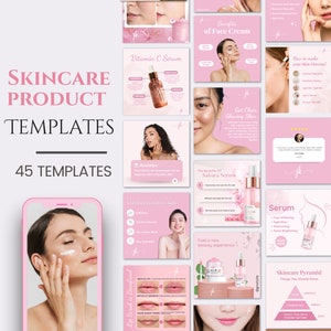 Könnte beinhalten: Eine Sammlung von rosa und weißen Social-Media-Vorlagen für Hautpflegeprodukte. Die Vorlagen zeigen Bilder von Frauen, Produktflaschen und Text über die Vorteile und Routinen der Hautpflege. Der Text enthält Sätze wie "Skincare Product Templates", "Vorteile von Gesichtscreme", "Natürlich strahlende Haut", "Skincare Pyramid" und "Beauty-Tipps".