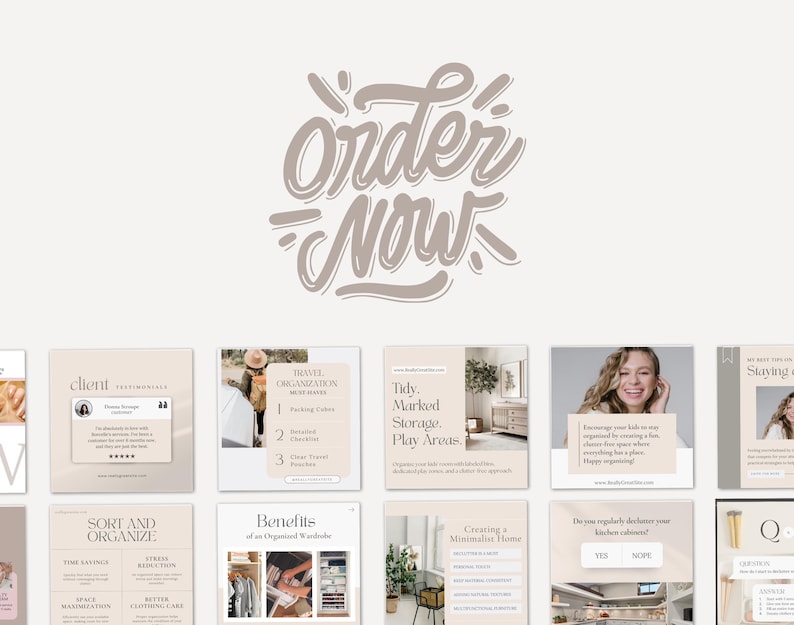 Home organizing home organization Professional or Personal organizer Decluttring CANVA Instagram and Facebook social media posts templates