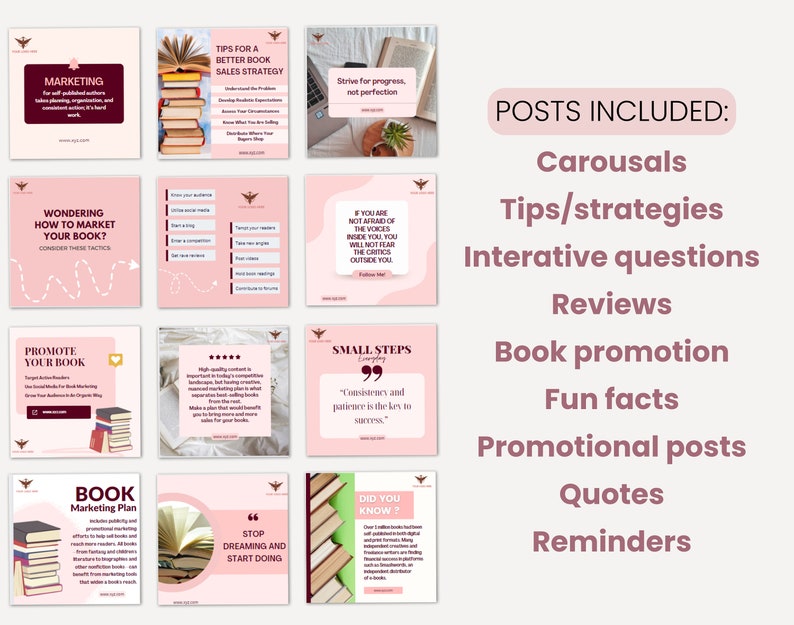 Author and Book Writer CANVA Editable Instagram and Facebook social media marketing minimalistic posts templates for small businessess
