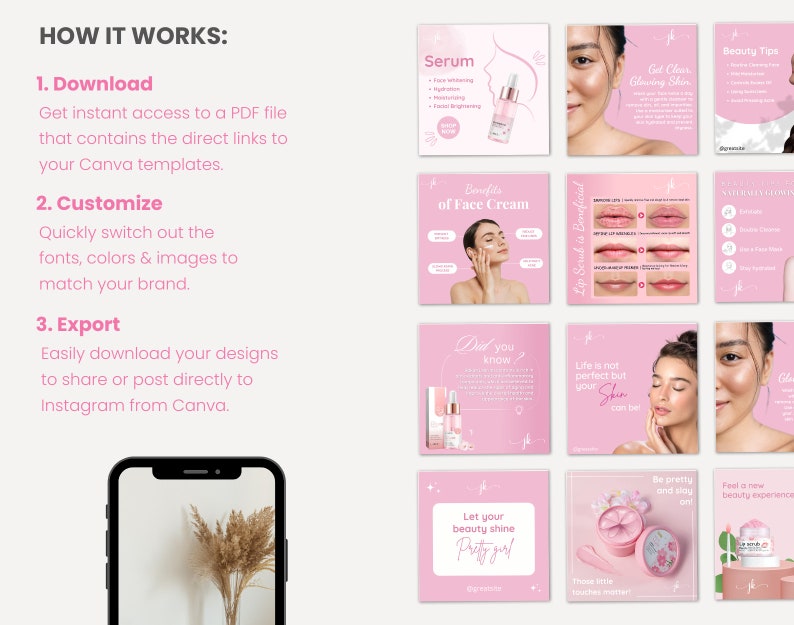 Pink Skincare Beauty Product Skincare Business Esthetician Editable CANVA Instagram and Facebook social media minimalistic posts templates