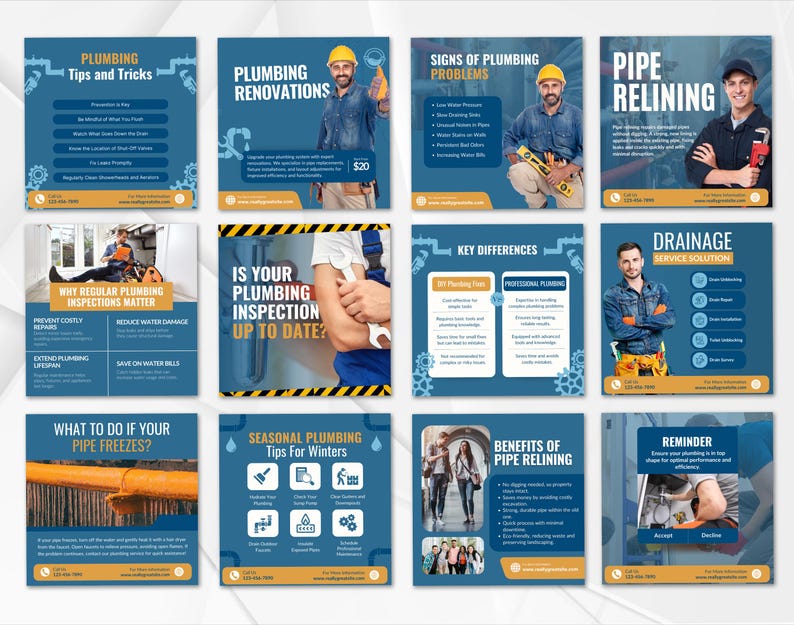 Plumbing Service Canva Instagram Post Templates, Plumbing company Business Templates, Plumber Social media template, Plumber Marketing