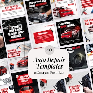 Pode incluir: Uma coleção de 40 modelos de redes sociais para reparação automóvel com carros vermelhos, pneus, ferramentas mecânicas e textos como Stay on Top of Regular Maintenance, Ensure Your Vehicle Remains in Top Condition e Auto Repair Templates.