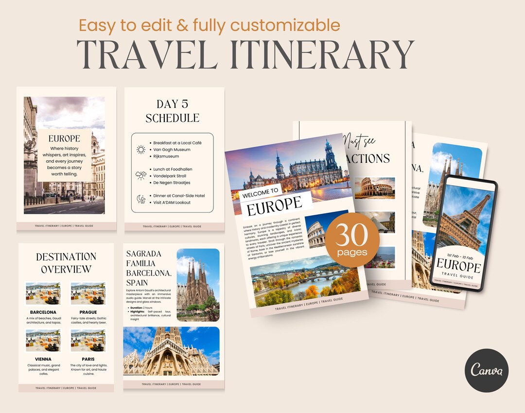 Travel Itinerary Template for Trip Planning, Editable Printable Travel ...