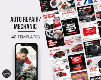 Bil bilreparation garage verkstad bil fordon mekanik bilreparationstjänster Instagram Facebook sociala medier CANVA inläggsmallar