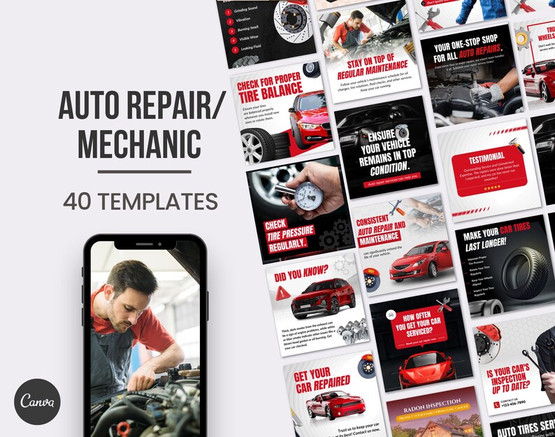 May include: A collection of 40 social media templates for auto repair and mechanic businesses. The templates feature red and black color schemes with images of cars, tools, and mechanics. The text on the templates includes phrases like "Check tire pressure regularly", "Stay on top of regular maintenance", and "Your one-stop shop for all auto repairs".