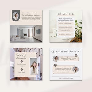Home organizing home organization Professional or Personal organizer Decluttring CANVA Instagram and Facebook social media posts templates