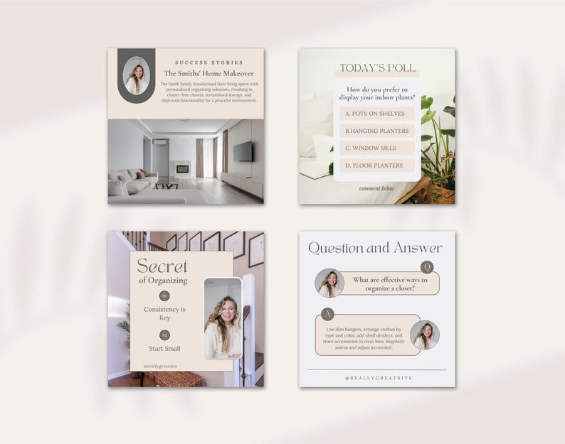 Home organizing home organization Professional or Personal organizer Decluttring CANVA Instagram and Facebook social media posts templates