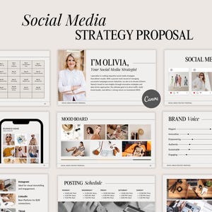 May include: A digital presentation titled "Social Media Strategy Proposal" with various slides. The slides include a content plan, mood board, brand voice, and posting schedule. The presentation features the text "I'm Olivia, Your Social Media Strategist" and the Canva logo.