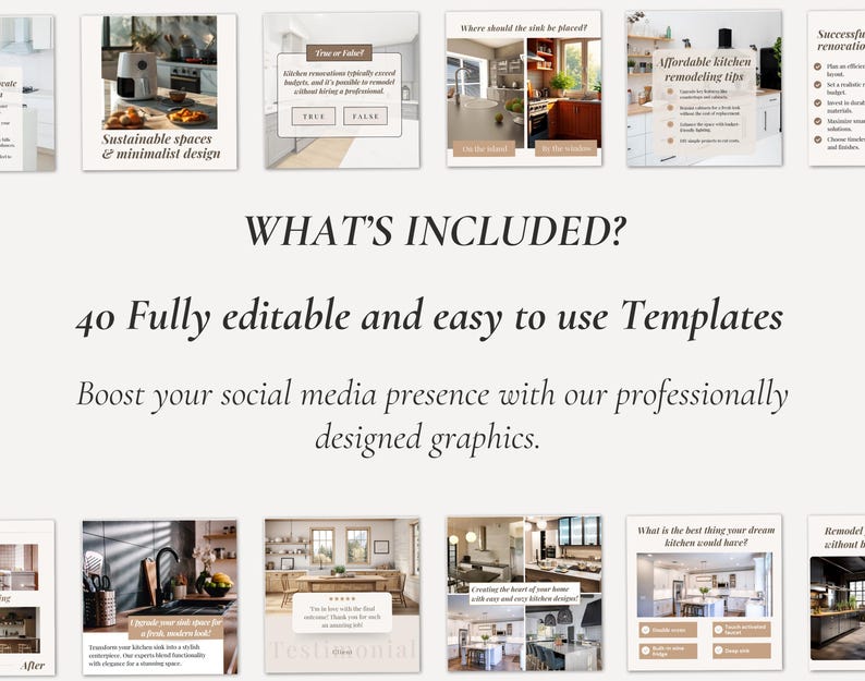 Kitchen remodeling renovation redo redesign makeover interior designer social media instagram canva minimalistic post templates