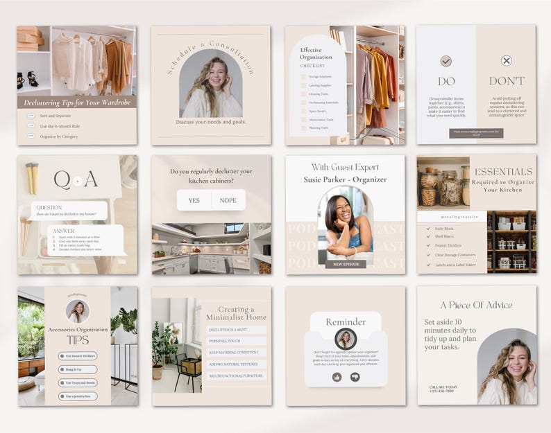 Home organizing home organization Professional or Personal organizer Decluttring CANVA Instagram and Facebook social media posts templates