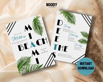 Plantilla de invitación para despedida de soltera en Miami / Itinerario de fin de semana de despedida de soltera en la playa tropical / Descarga instantánea imprimible en Canva editable de Florida
