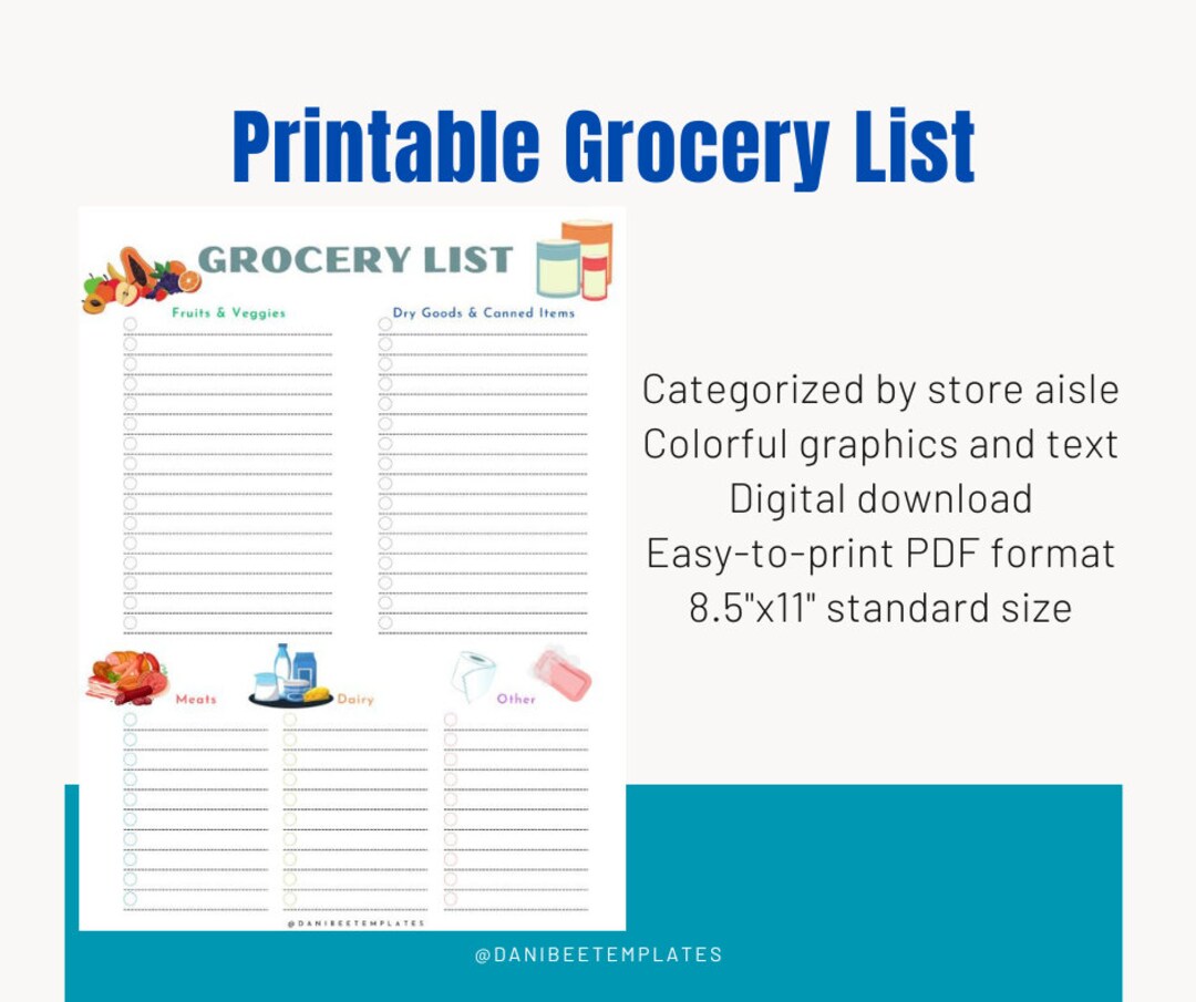 Printable Grocery List Organized by Store Aisle & Food Type, Colorful