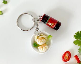 Wonton Noodle Keychain | Ceramic Rooster Bowl & Chili Crisp Charm | Asian Nostalgia