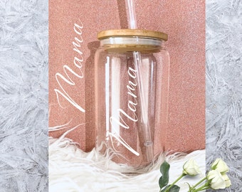 Vaso de vidrio personalizado, taza de café helado, dama de honor, propuesta de vidrio personalizado con tapa de bambú y pajita, regalo de dama de honor, regalo de cumpleaños