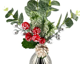Frosted Eucalyptus with Red and Silver Berries in Silver Bud Vase
