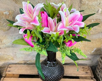 Pink Tiger Lily and Tulip Bunch in a Monochrome Ball Vase