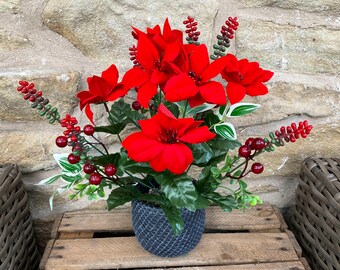 Artificial Red Poinsettia with berries (with or without pot)