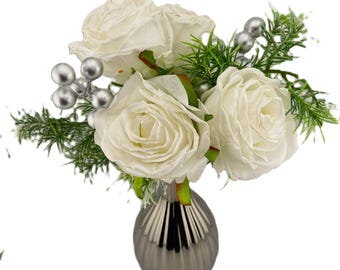 4 White Dried Touch Roses with Trailing Asparagus Bush in Vase