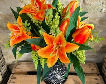 Orange Tiger Lily and Tulip Bunch in a Monochrome Ball Vase