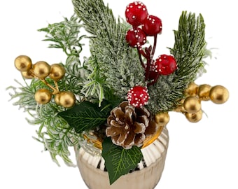 Frosted Christmas Arrangement: Pine Cones, Red Berries, Gold Jar