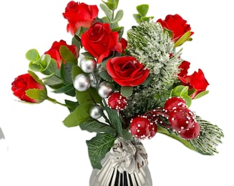 Red Mini Rose and Eucalyptus Bunch with Red Berries in Silver Bud Vase