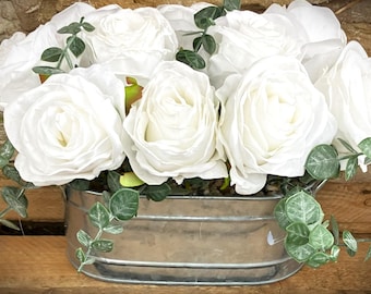10 White Rose Heads in Galvanised Metal Trough (18cm X 10cm) -  -