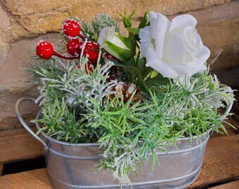 White Silk Rose Arrangement: Frosted Asparagus, Berries in Galvanized Planter