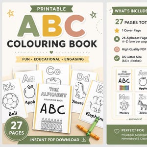 May include: A printable ABC colouring book with 27 pages including a cover and 26 alphabet pages. The digital file is US Letter size at 21.59 x 27.94 cm. The set features black and white line drawings of objects like an apple, ball, and zebra.